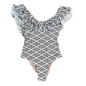 Tart Collections Women’s One Piece Swimsuit Size Small White Blue Ruffle